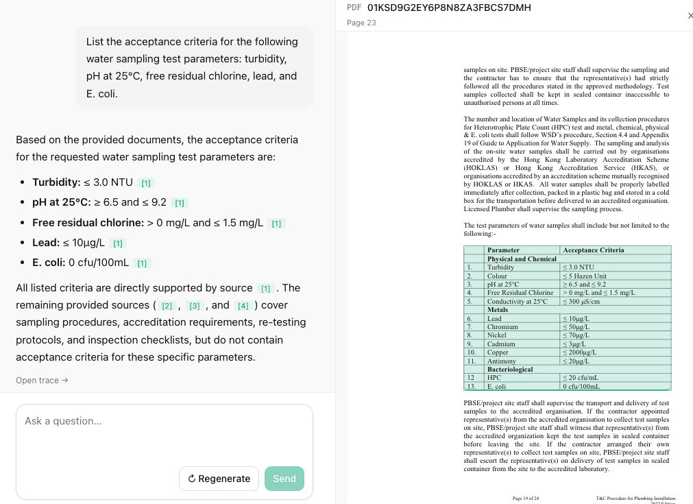 Wave2 Vault chat interface showing cited answers from source documents