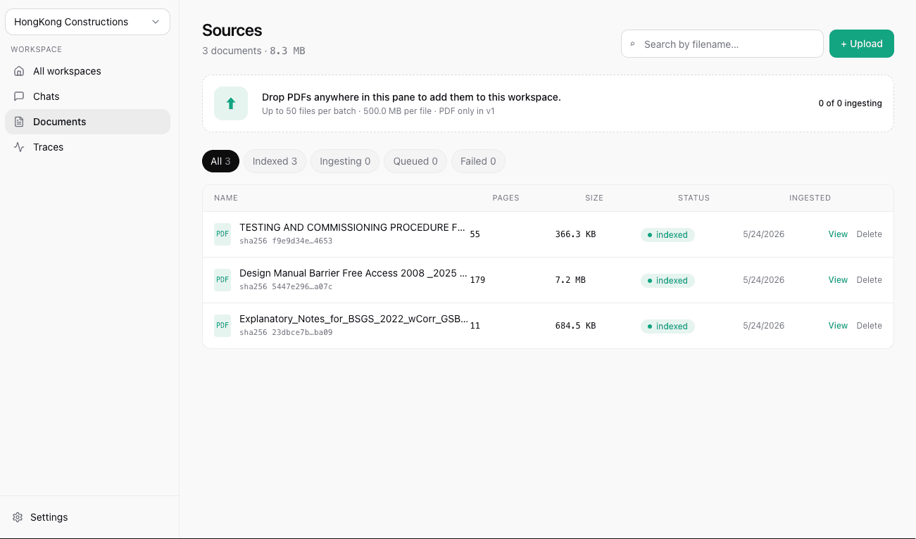 Wave2 Vault document library showing local upload and indexing status