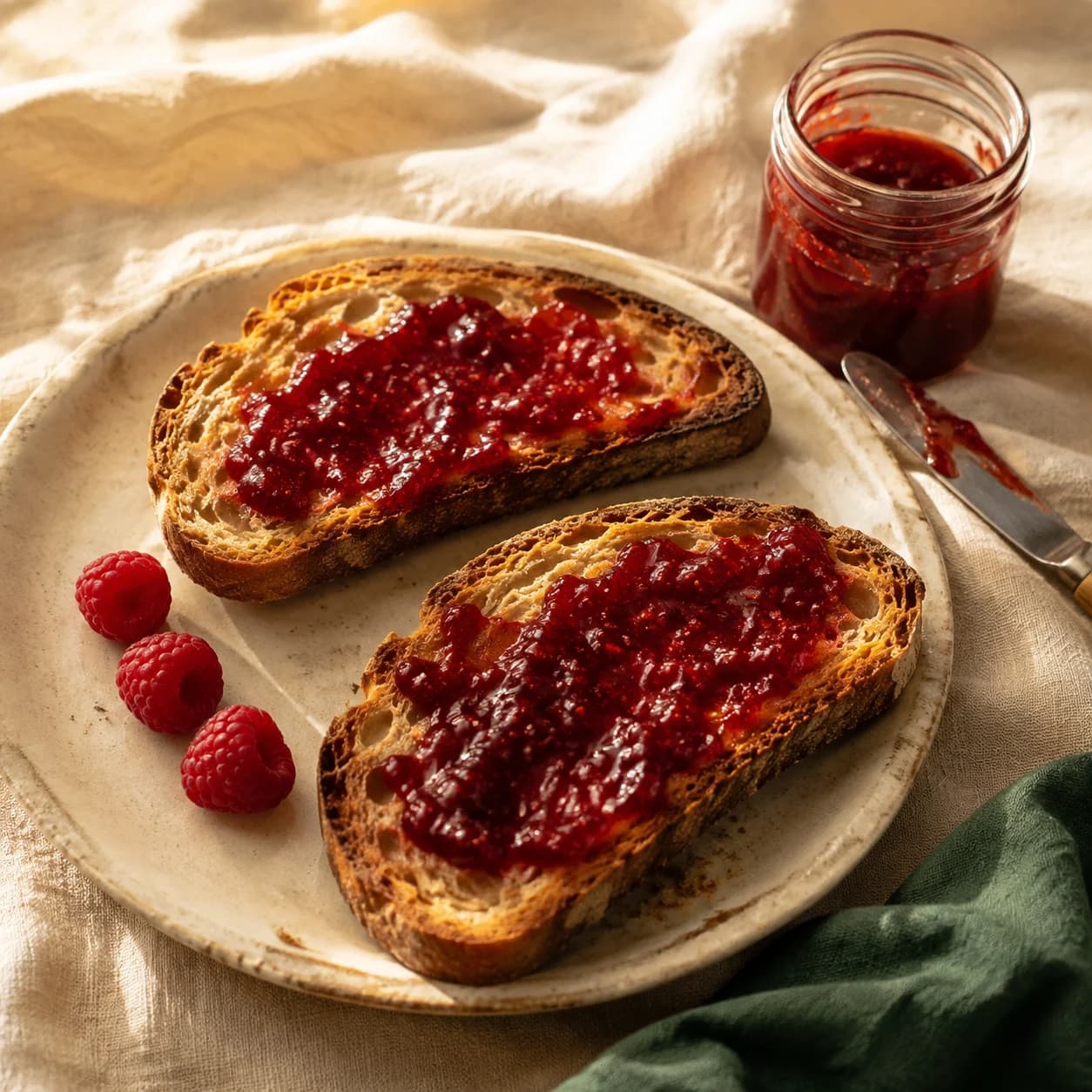 Golden sourdough toast spread with berry jam on an ivory ceramic plate