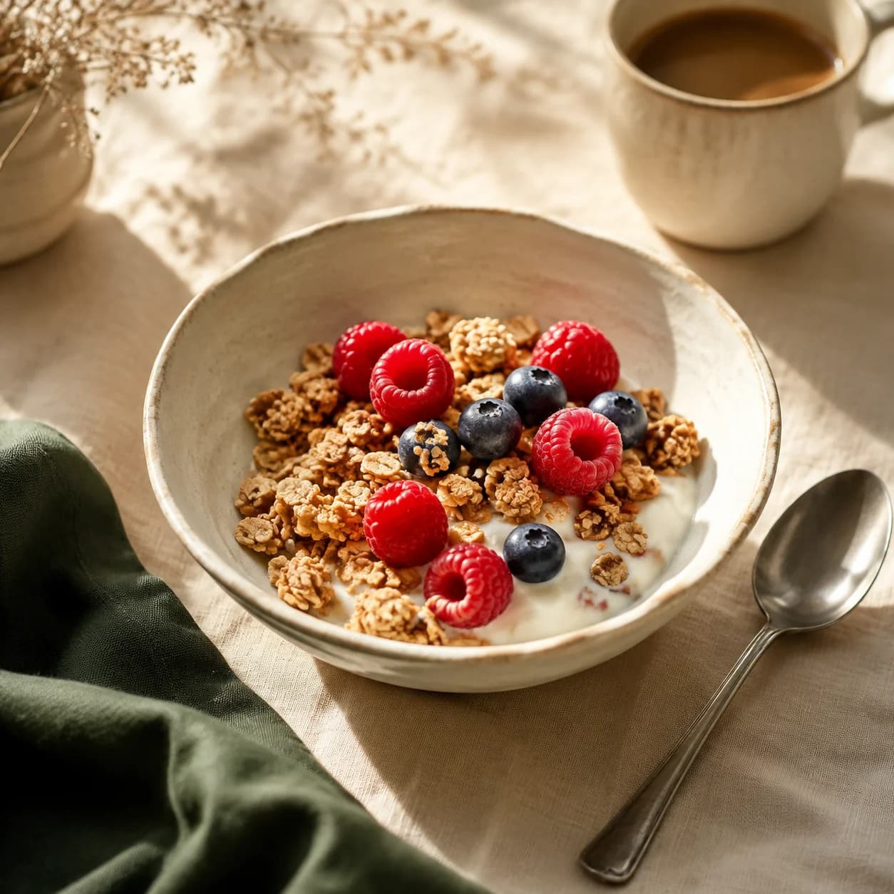 Toasted oat clusters with yoghurt and fresh berries in a ceramic bowl