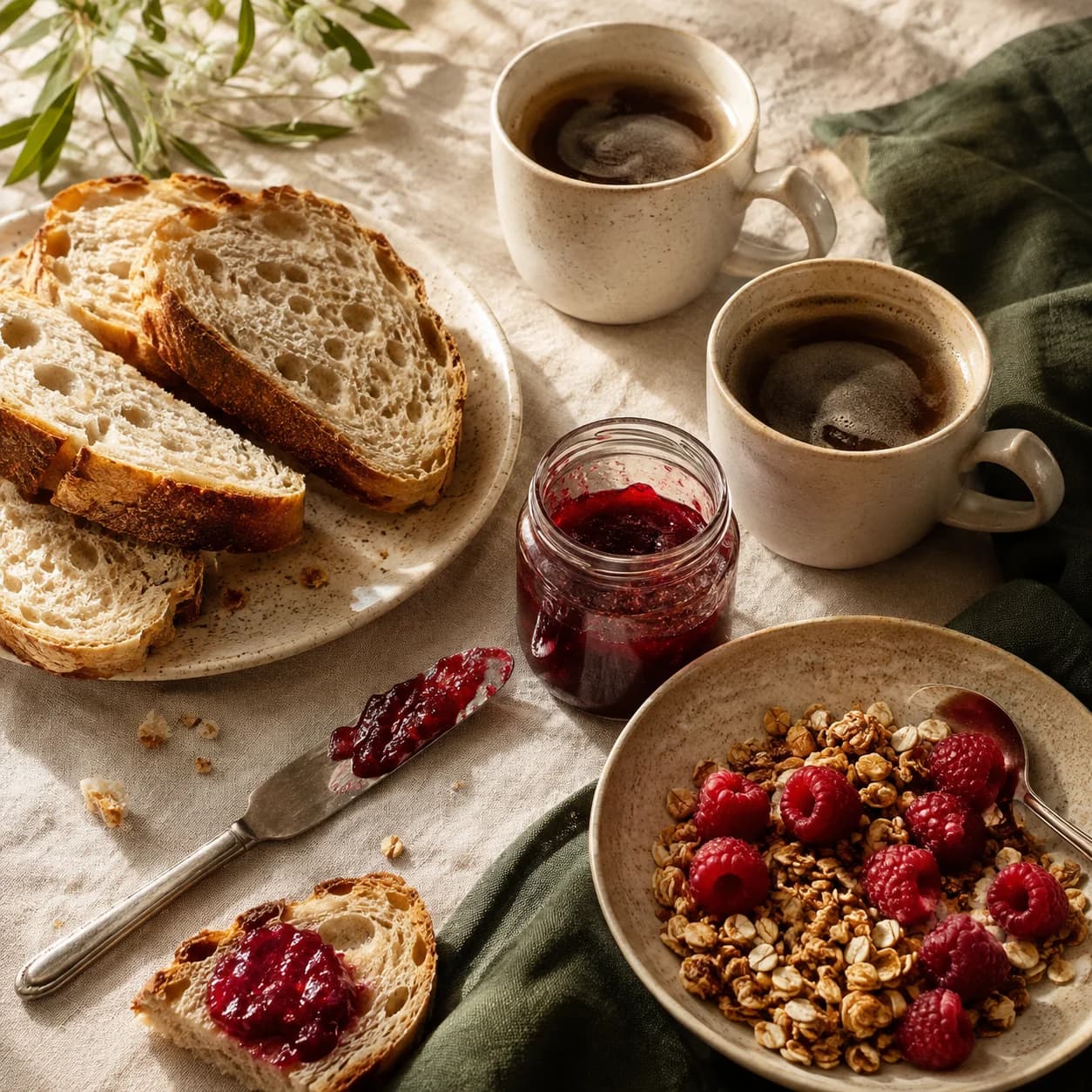 A slow breakfast for two with sourdough, berry jam, oats and coffee on a sunlit table