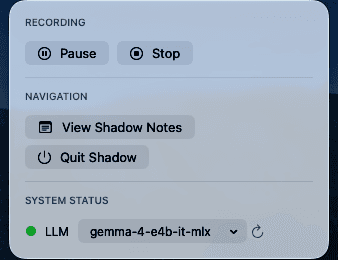 Wave2 Shadow menu bar control panel with recording controls and local LLM status