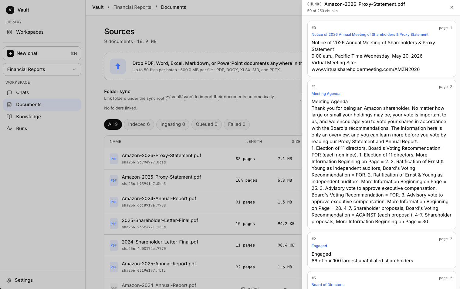Wave2 Vault Sources view showing indexed business documents and extracted source chunks