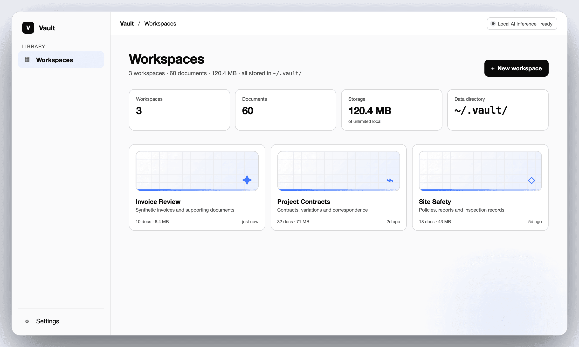 Wave2 Vault workspace library showing separate document collections and local AI inference status